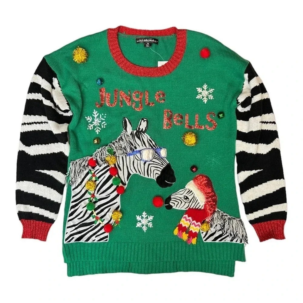 Women’s Green Sequin Embellished Pom Zebra Christmas Holiday Sweater Size M